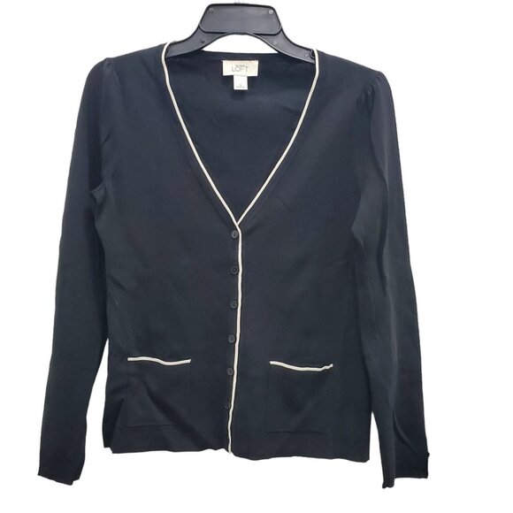 Ann Taylor LOFT Women's Black Knit White Trim Button Up Academia Cardigan‎ Sz S - Picture 1 of 5